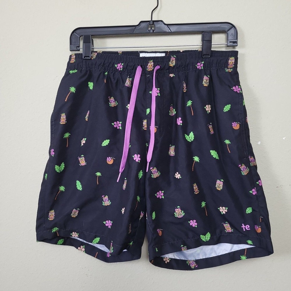 Tipsyelves Mens Black Floral Flat Front Drawstring Waist Swim Shorts Size Medium